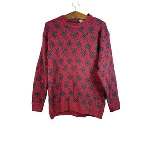 Vintage Bench Sweater Mens Burgundy Geometric Knit 90s Large Grandpa Old Money